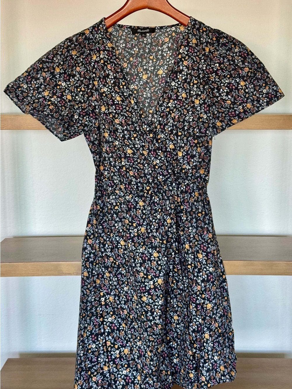 Madewell Black Floral V-Neck Fit & Flare Dress with Pink & Yellow Blooms